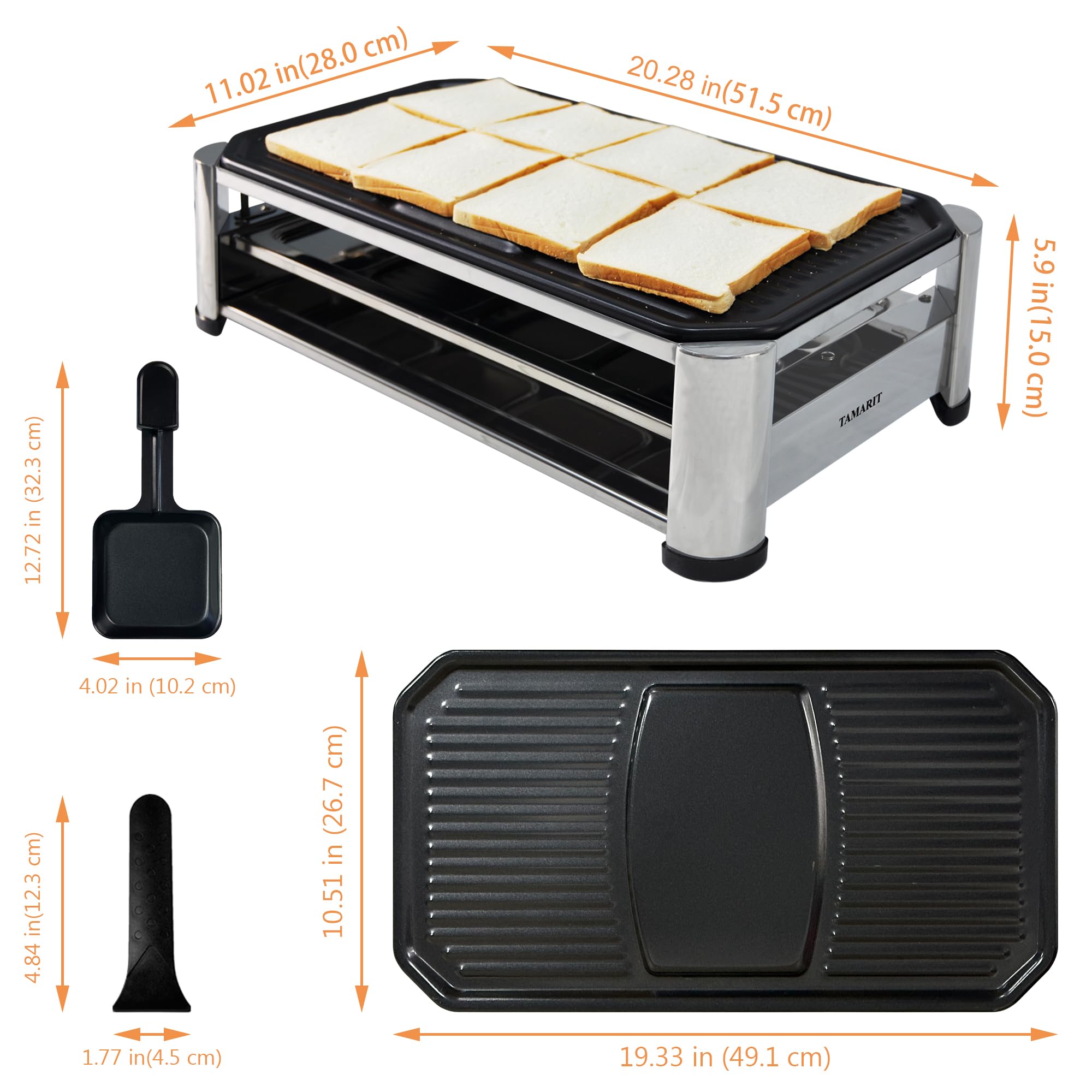 TAMARIT Raclette Cheese Table Grill Portable Electric Indoor Korean BBQ Grill 1400 W Raclette Party Grill with Iron Nonstick Extra Large Grill Plate Raclette Grill for Home Party, Stainless Steel