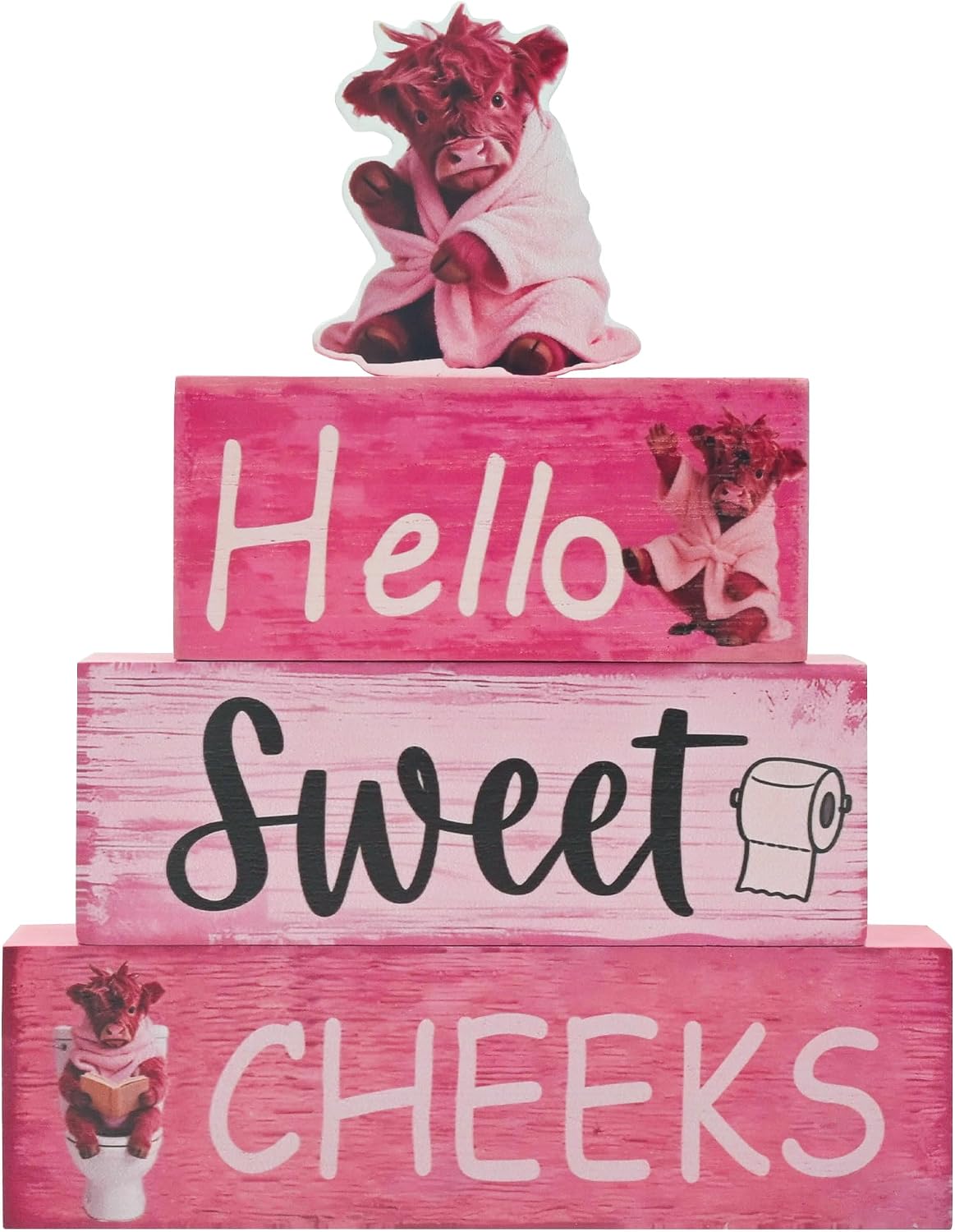 Pink Highland Cow Bathroom Decor 4 Pcs Farmhouse Decor and Accessories Western Hello Sweet Cheeks Table Centerpiece for Home Office
