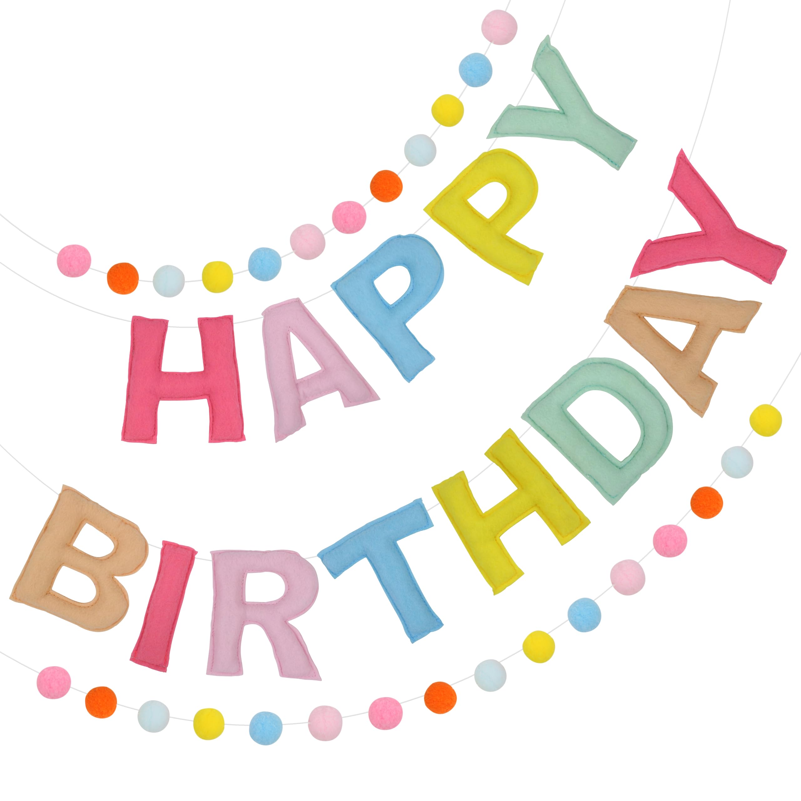 Photo 1 of 2 PCS Pre-Strung 3D Felt Happy Birthday Banner - Reusable Rainbow Happy Birthday Decorations Sign, Felt Ball Garland, Pom Pom Garland, Party Decor, Photo Prop (MACARON)