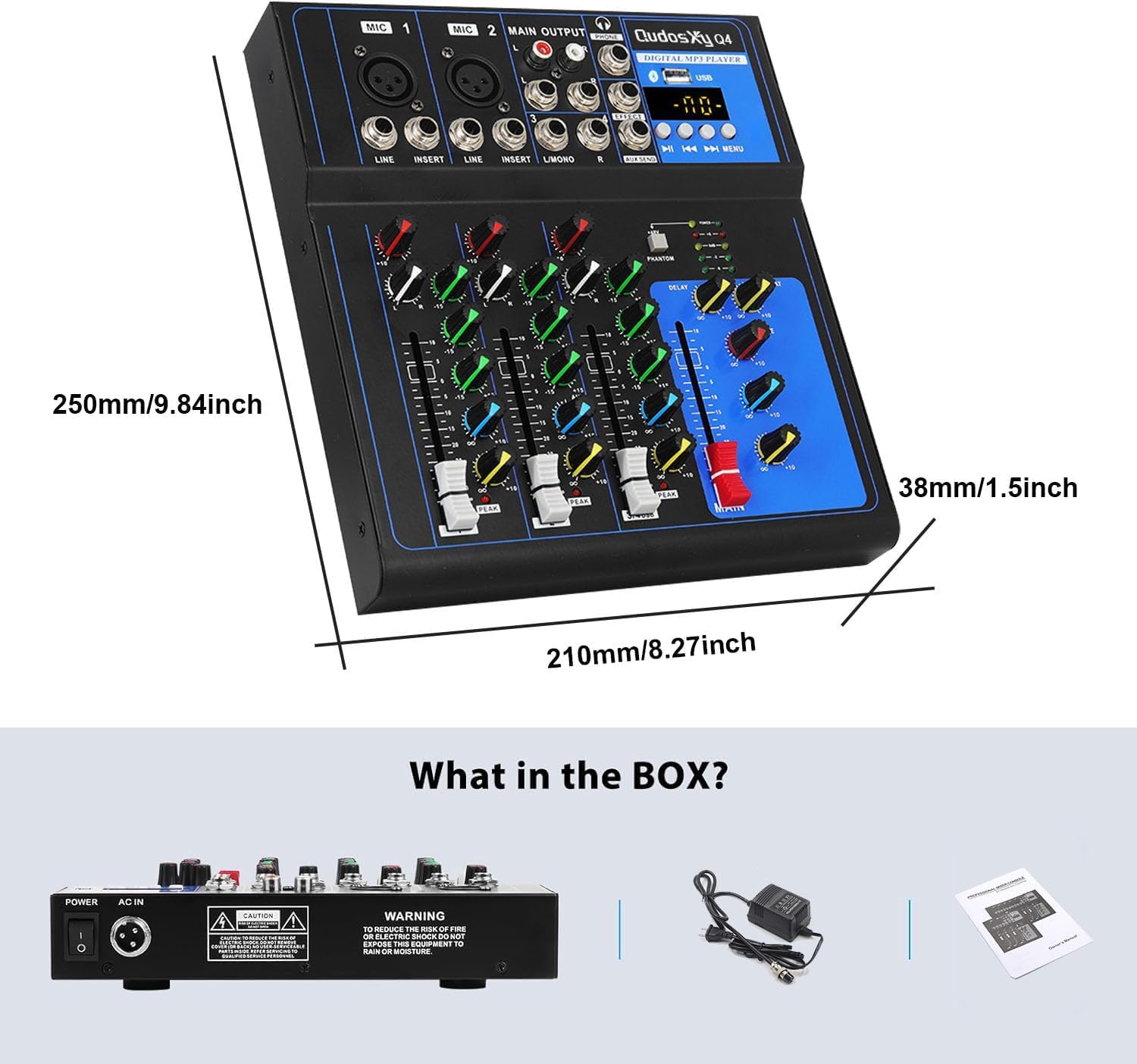 Mixer Audio Professionale Scheda Audio Console Interfaccia Sistema 4 Canali USB Digitale Bluetooth MP3 Ingresso Computer 48V Phantom Power Stereo DJ Studio Streaming