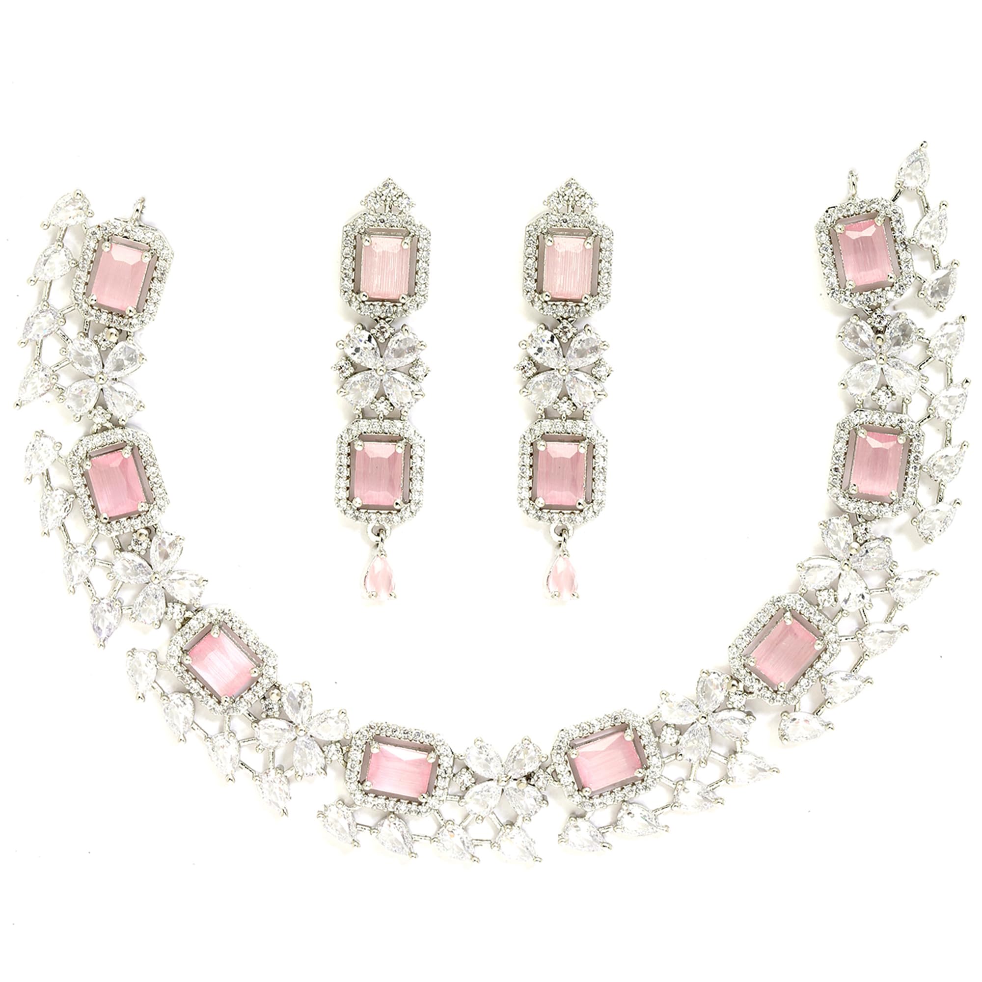 ZENEME Rhodium-Plated with Silver-Toned Pink and White American Diamond Studded Necklace and Earrings Jewellery Set (Pink) For Women (B0BQJJWJF7) Amazon Price History, Amazon Price Tracker