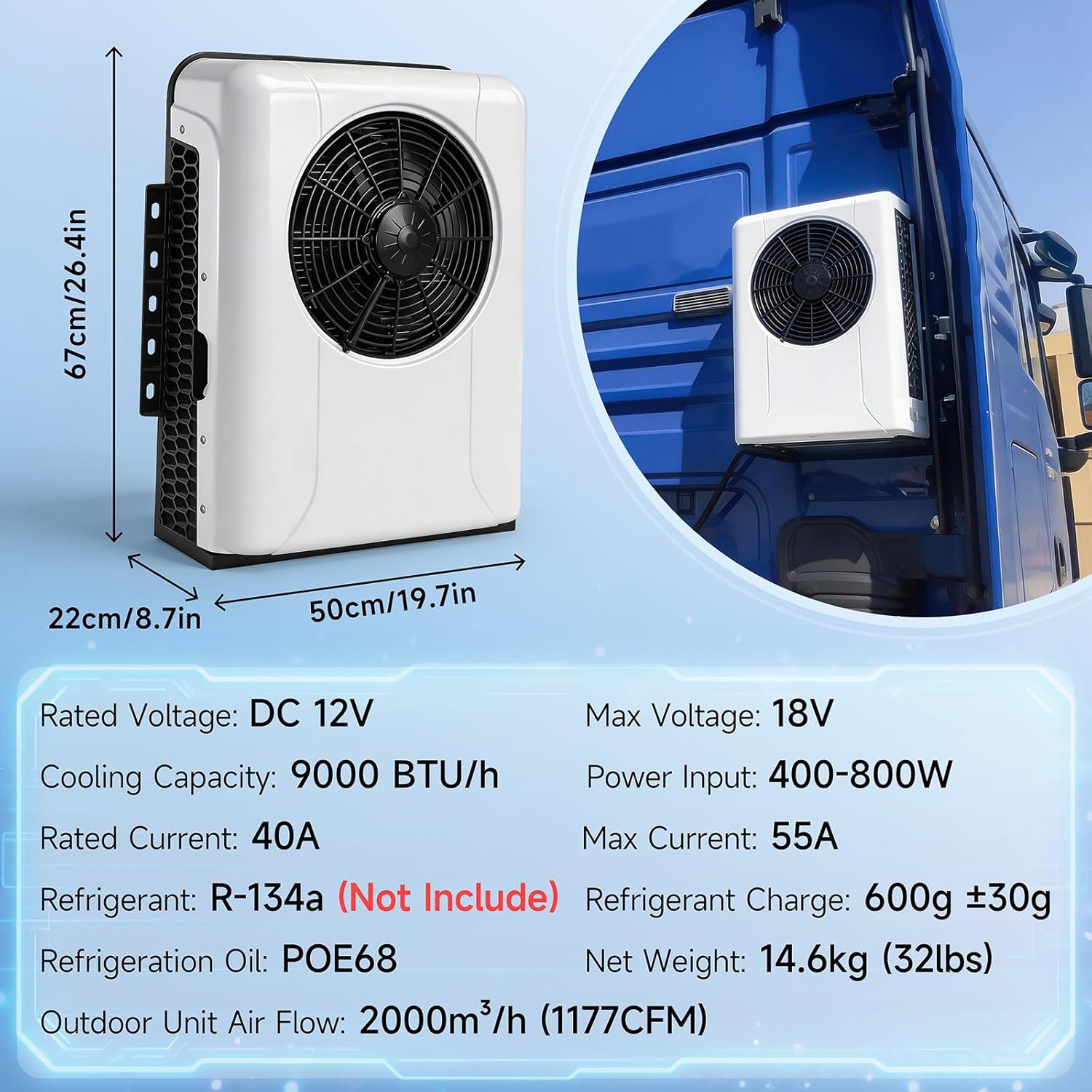 12V RV Air Conditioner, 9000BTU Cooling Power, AC Unit Fits for RVs, Vans, Semi Truck, Cranes, Construction Vehicles, Excavators, Harvesters