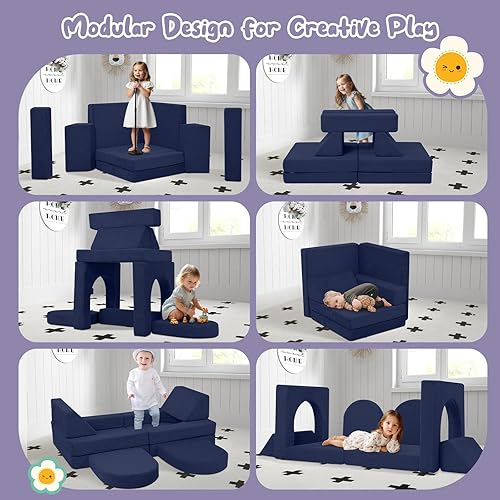 Miniatura 70 de MeMoreCool Sofá infantil para sala de juegos, sofá modular de 10 piezas, sofá convertible de pana, juego de construcción de fuerte de espuma para