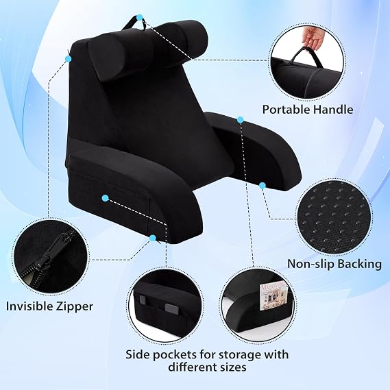 Reading Pillow for Sitting in Bed Adult, Back Pillow for Bed Sitting up, Backrest Pillow with Arms, Back Support Pillows for Gaming Lounging Watching TV, Medium 19 Black
