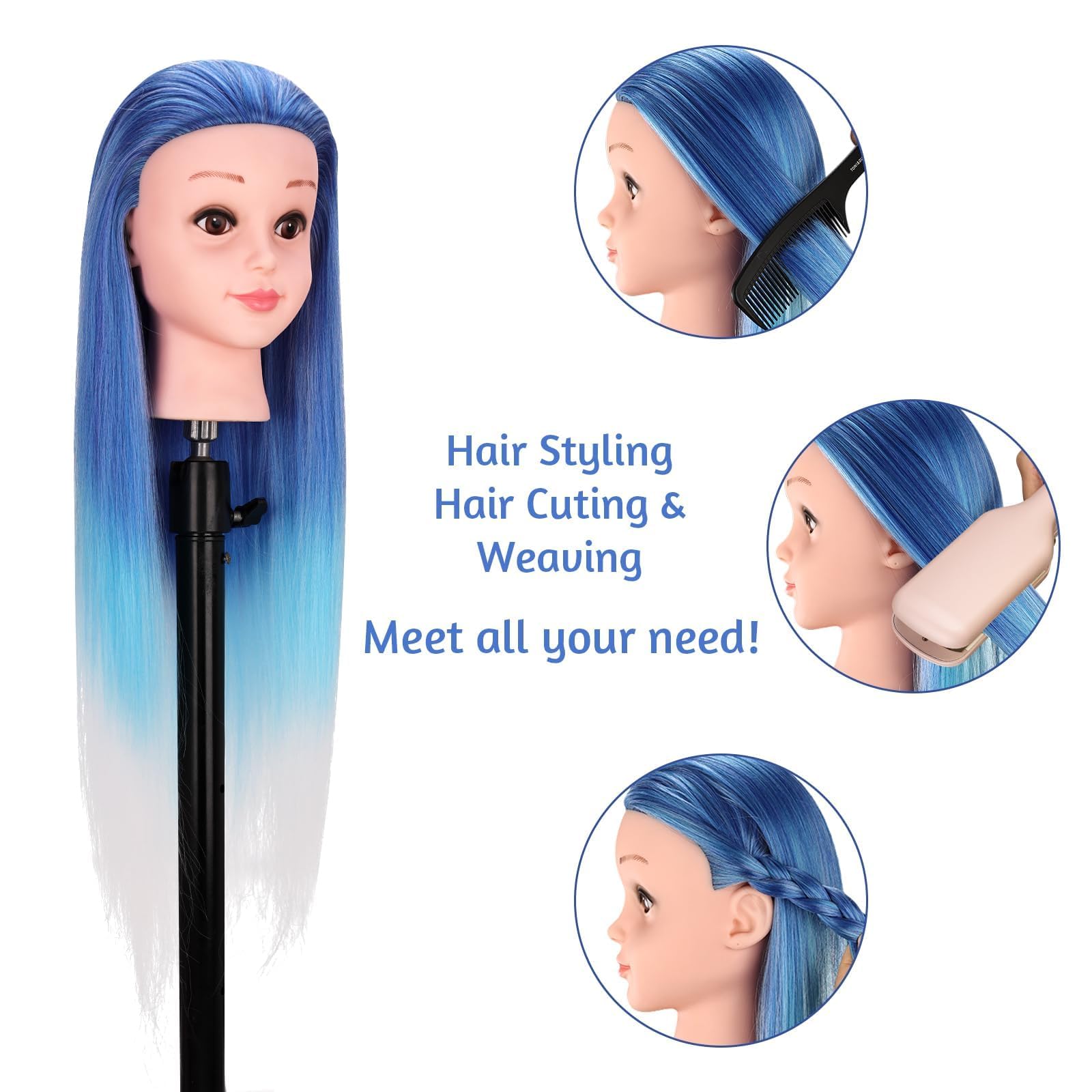 Frisierkopf 75cm/29 Zoll Übungskopf, TopDirect Frisierpuppe 100% Synthetisches Haar, Friseur Mannequin Kopf für Friseursalon, Frisierkopf Kinder mit Tischhalter + DIY Haar Styling Braid Set (Blau)