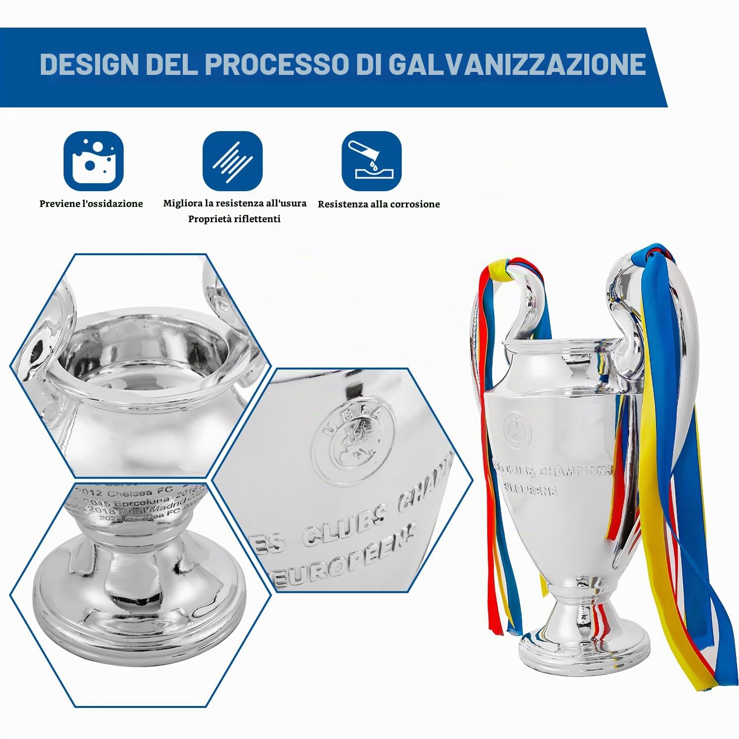 Coppa Champions, Coppa di Lega Sportiva, Replica Champions League, Materiale in Resina, medaglia, Collezione ricordi, Trofeo per Decorazione Ufficio, Argento Cromato/Nastro Blu