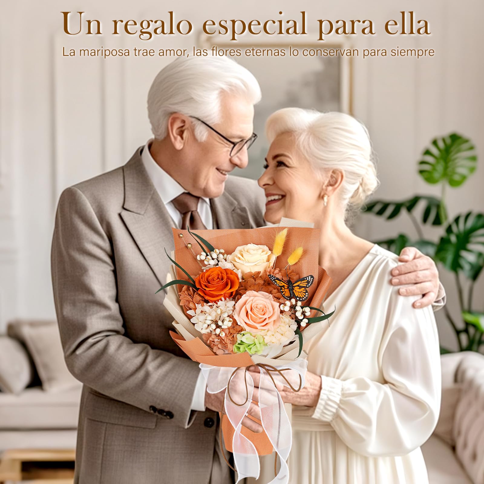 Ramo de Flores Preservadas con Mariposa, 3 Rosas Eternas y Flores, Ramo de Rosas Eternas Duraderas, Regalos para Mujer, San Valentín, Aniversario, Cumpleaños y Día de la Madre, Novia, Esposa, Madre