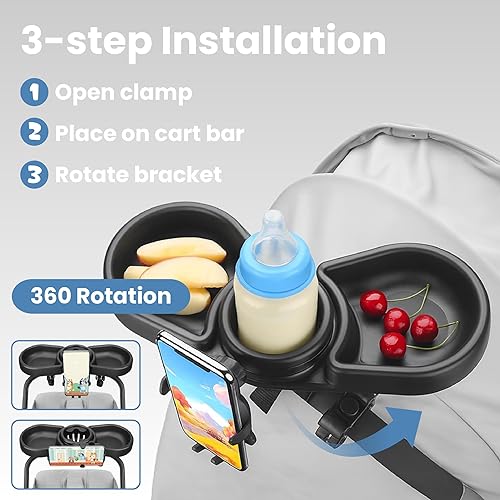 Miniatura 6 de Bandeja universal para cochecito con portavasos y soporte para teléfono, compatible con iPhone 16 Pro Max, rotación de 360, fácil instalación sin