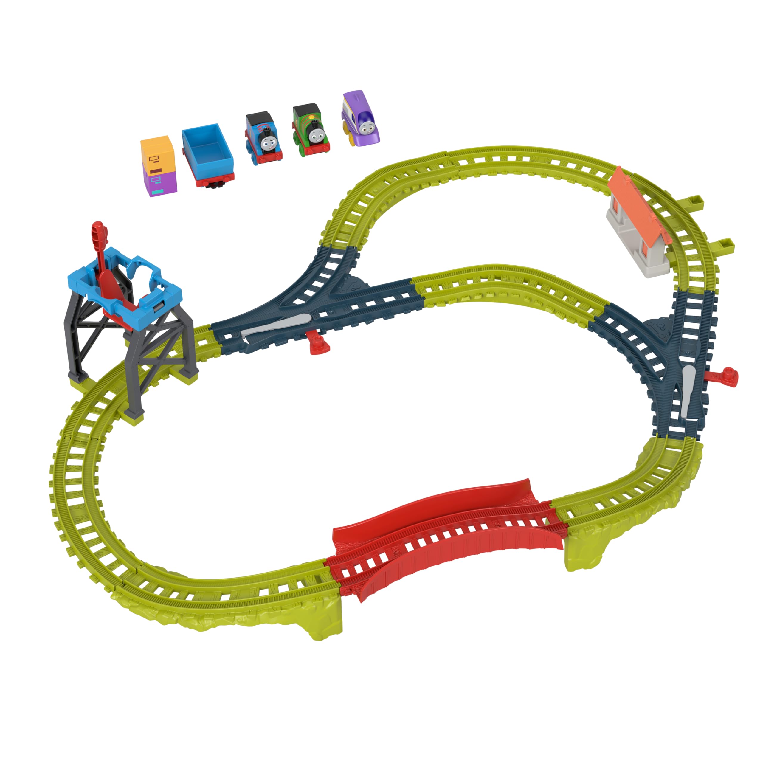 Thomas & Friends - Il Trenino Thomas - Pista Lavoro di Squadra, playset lungo 1,80m con leve degli scambi e di carico/scarico, include 3 locomotive a spinta Thomas, Percy e Kana, 3+ anni, HXV61