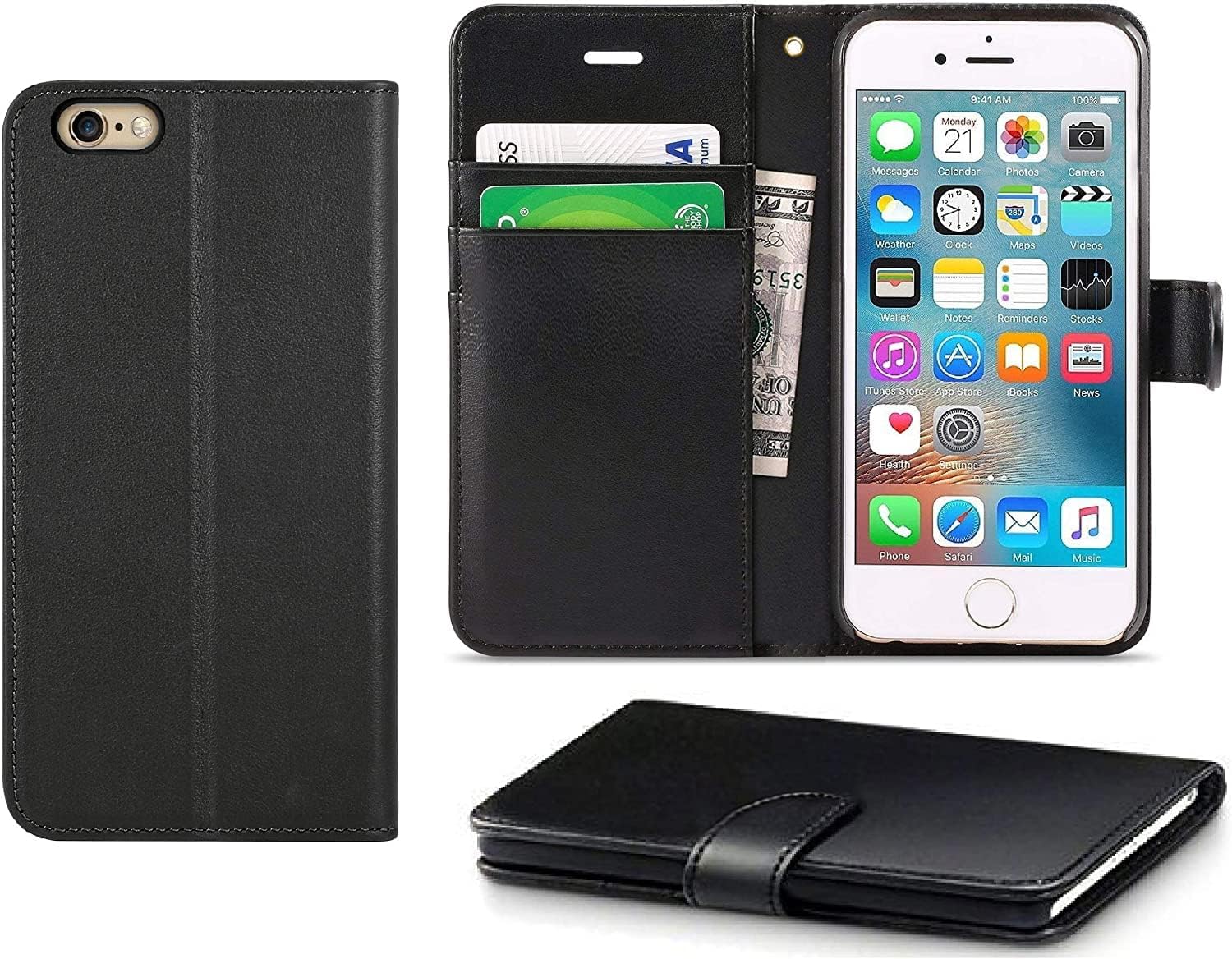 DN-Alive iPhone 6/6S Case Cover, [Pu Leather] [Wallet Case] [Book Case] [Flip Case] [Card Holder] [ID Holder] [Drop Resistance] [Scratch Resistant] [Shockproof] Case For iPhone 6/6S (BLACK)