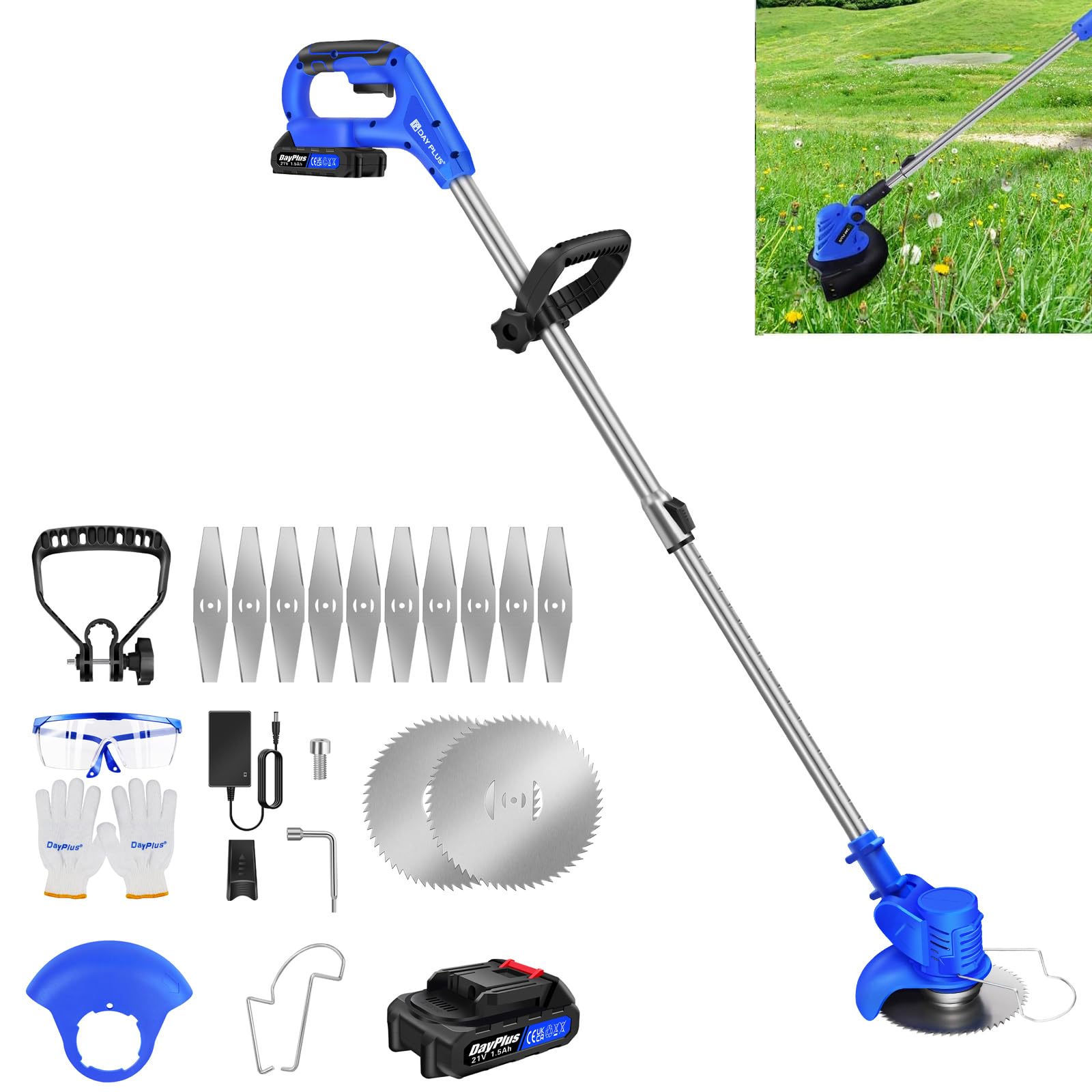 Cortacésped con batería y cargador, 21 V, 17000 RPM, cortador de bordes con 2 cuchillos rectos para alisar, 10 piezas de hierba, 2 baterías