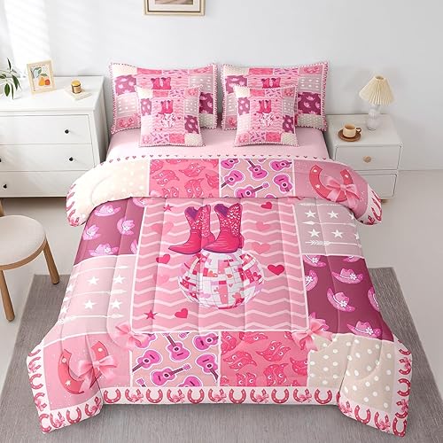 Feelyou Pink Western Aztec 7 Pieces Bedding Set Kids Cowgirl Boots Comforter Set