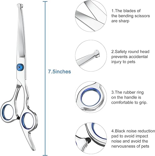 Miniatura 2 de Tijeras curvadas de aseo para perros de 7.5 pulgadas con puntas redondas de seguridad, tijeras profesionales ligeras de aseo para mascotas, acero