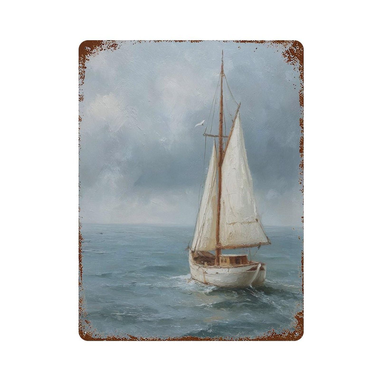 xiaoxiaoshen Sailboat Coastal Nautical Ocean Sea Painting Seascape Marine Style Boat Work No Wall Decor Art Metal Tin Poster Modern Home Decor Art Home Bar Shop Decorations Vintage Sign 40x30cm