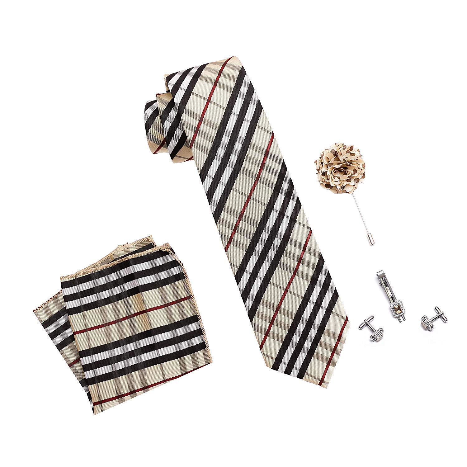 axlon Men's Micro Polyester Necktie Set with Pocket Square, Brooch Pin and Cufflinks (Beige, Free Size)-picture-14