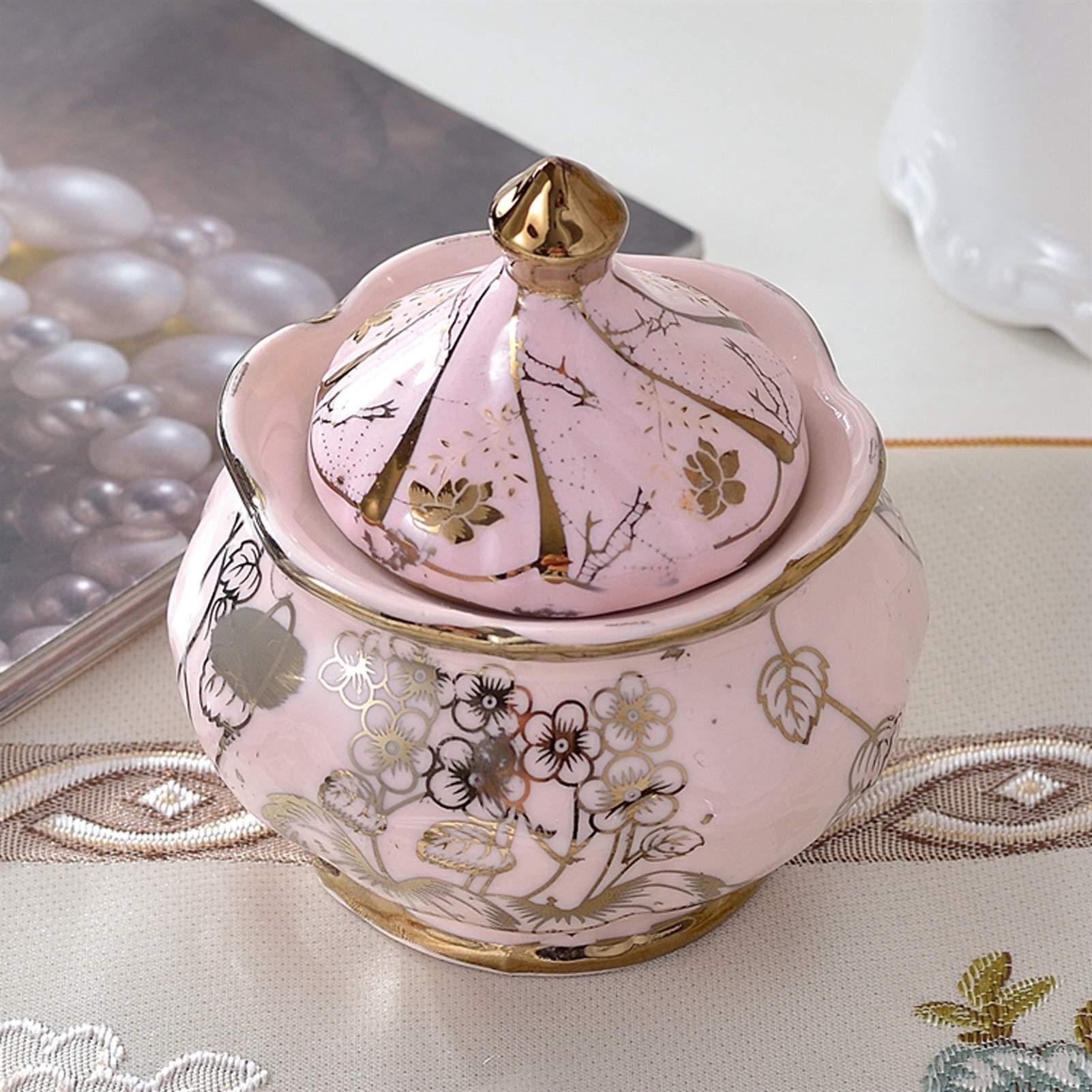 sucrier Bol à Sucre Rose avec Couvercle rétro Café Sugar Bowl Accueil Dining Assaisonnier Pot Creative Céramique Céramique Sucre Bol Rose Plaqué Or Bocal à Bonbons