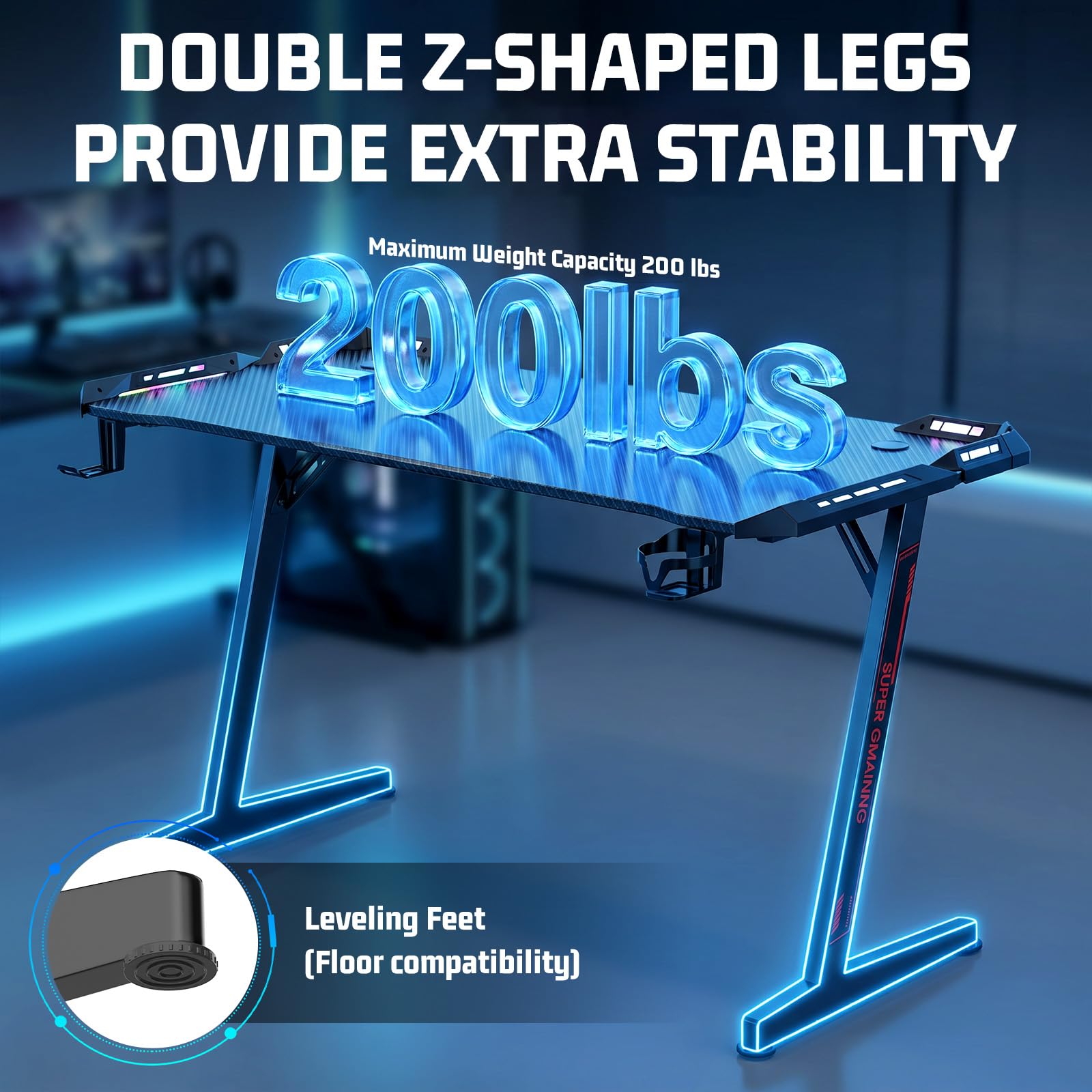 120 x 60 cm Gaming Tisch mit LED Desk mit Kopfhörerhaken und Getränkehalter | PC Tisch Gaming mit Kohlefaseroberfläche, Z-Form Gamer Schreibtisch Stabiler Computertisch für Gaming Home Office, Schwarz