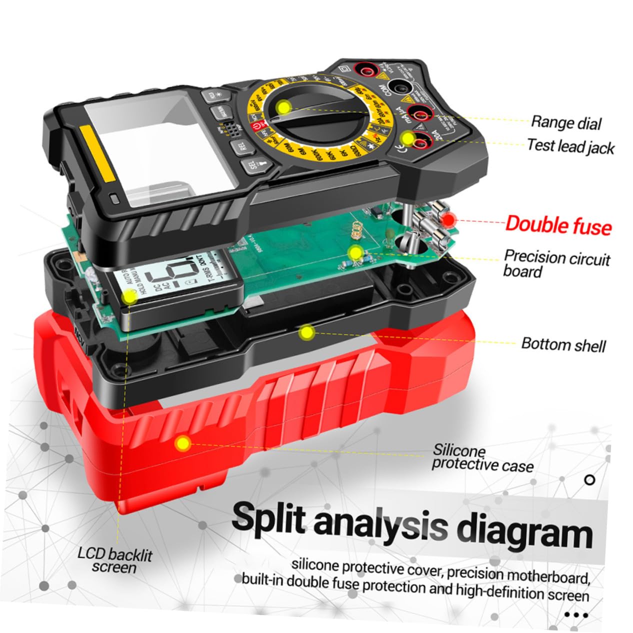 High Precision Digital Multimeter Multi Tester with Non-Contact Voltage Detection Continuity Test Diode Ammeter Voltmeter Ohmmeter Backlight and Flashlight for AC DC Measurement