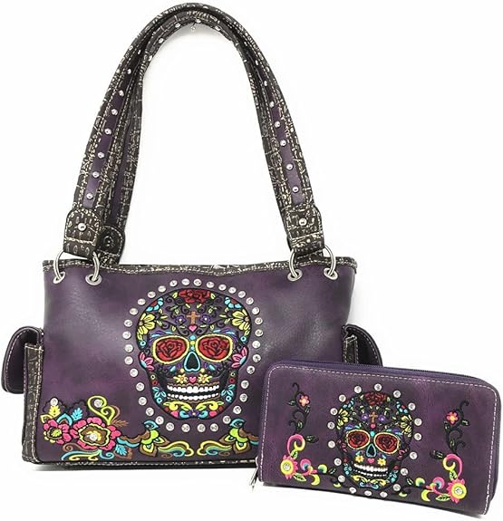Women's Embroidered Sugar Skull Handbag Purse Wallet Set in Multi Color (Purple)