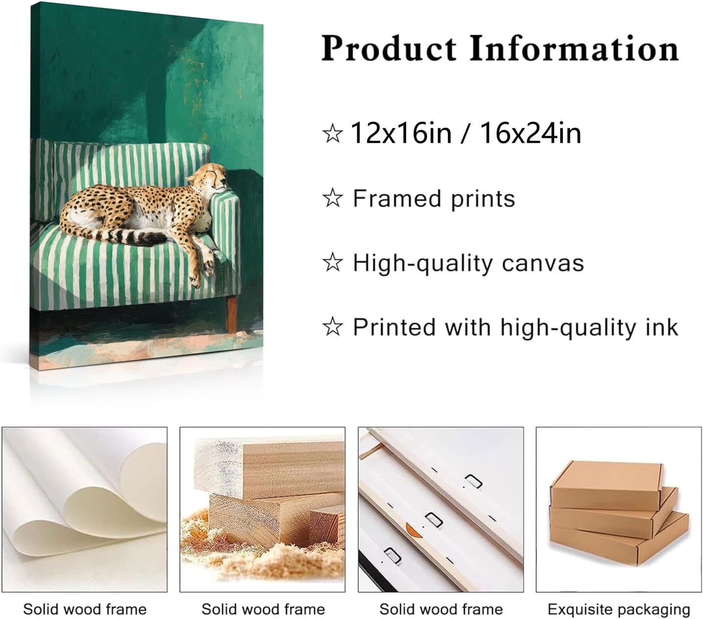 Framed Green Cheetah Canvas Wall Art Leopard Sleeping Cheetah on Sofa Picture Wall Decor Trendy Eclectic Animal Painting Prints for Living Room Bedroom 16x24in