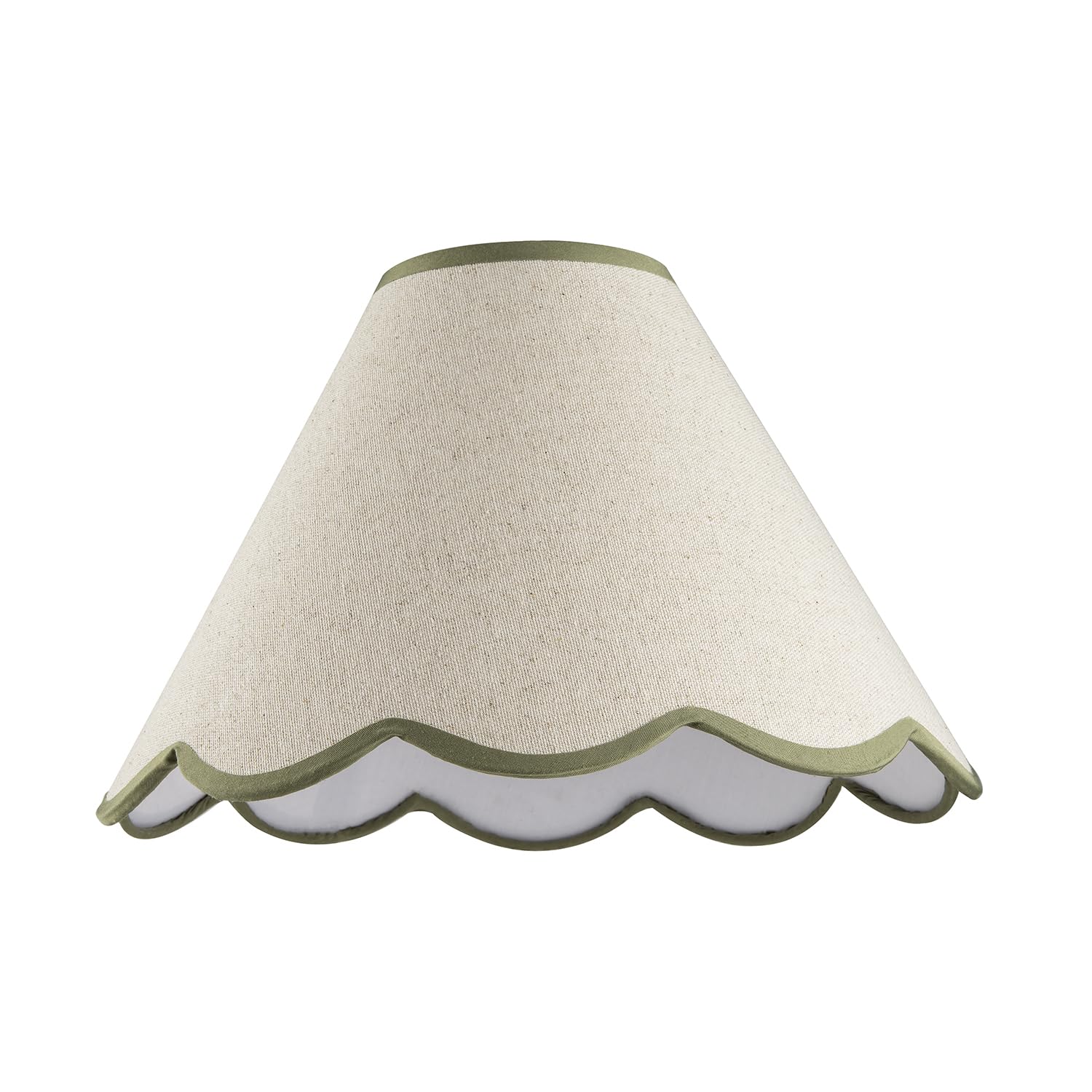 Happy Homewares Unisex Olive Scallop Edge Natural Textured Linen Coolie Lamp Shade With Cotton Trims In | Size: 12 Inches