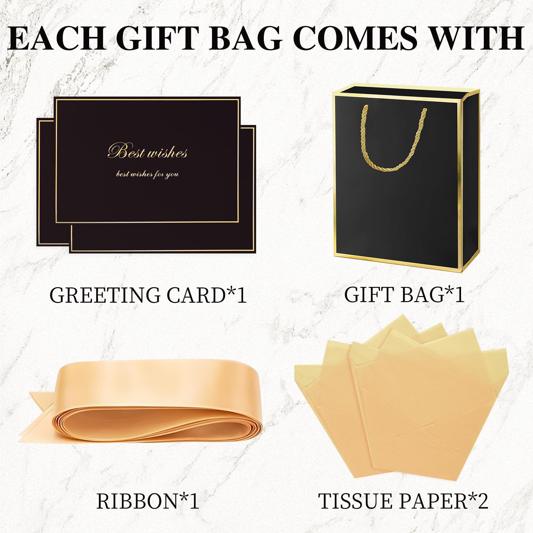GEGIBOA Gift Bags 3 Pcs Medium Size Paper Gift Bags with Tissue Paper and Handles,Bow Ribbon and Greeting Cards, 8" x 5" x 10", Black