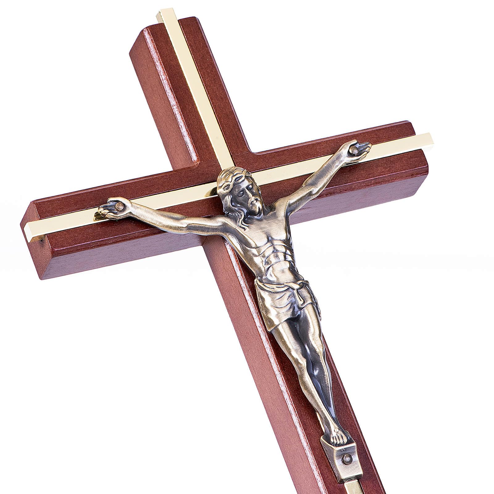 SISSIDA Crucifix Wall Cross Catholic, 10 Inch Wooden Catholic Crucifix for Wall Decor - Brown + Antique Brass