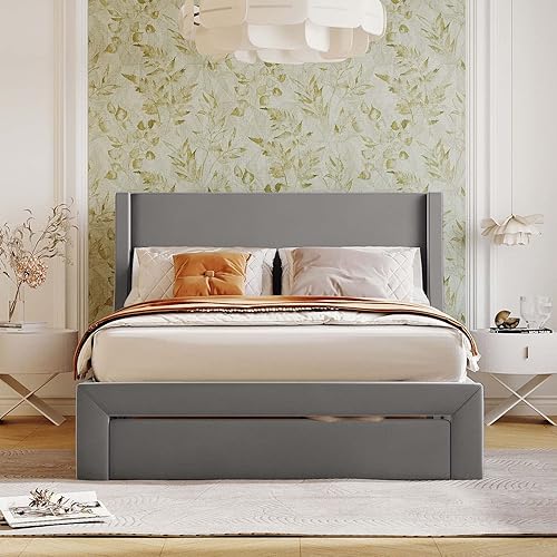 Miniatura 8 de Base de cama tapizada de terciopelo de tamaño matrimonial con un gran cajón de almacenamiento y cabecera copetuda, soporte de listones de madera