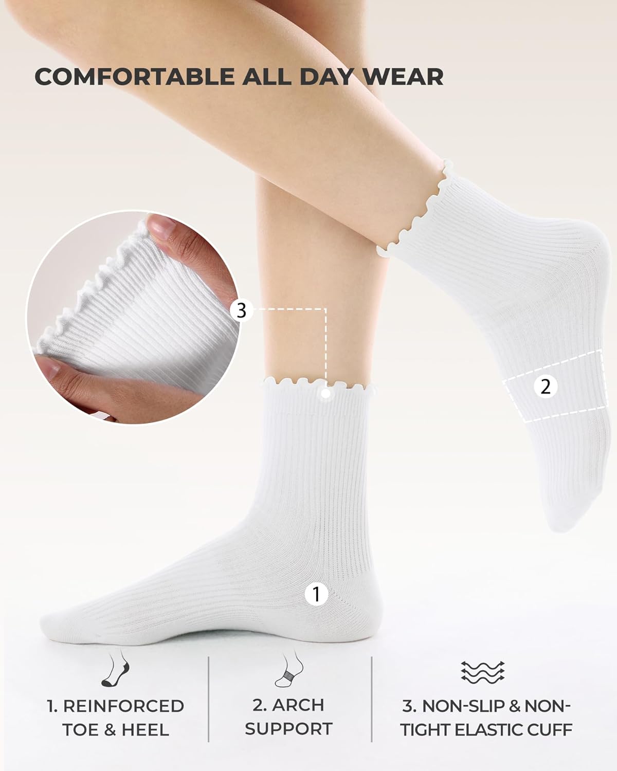 FITRELL 6 Pairs Ruffle Socks, Womens Soft Breathable Cute Lettuce Ankle Crew Frilly Socks - Image 5