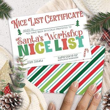 m&h invites Nice List Certificate Christmas Cards For Kids - Santas Workshop Elf North Pole Cards - 50 Count