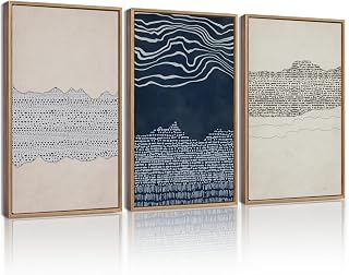 KUVIOKE Navy Blue Abstract Framed Wall Art Modern Neutral Minimalist Wooden Pastel Boho Wall Decor Farmhouse Rustic Art Painting Home Decor 11x14in (Natural Framed)
