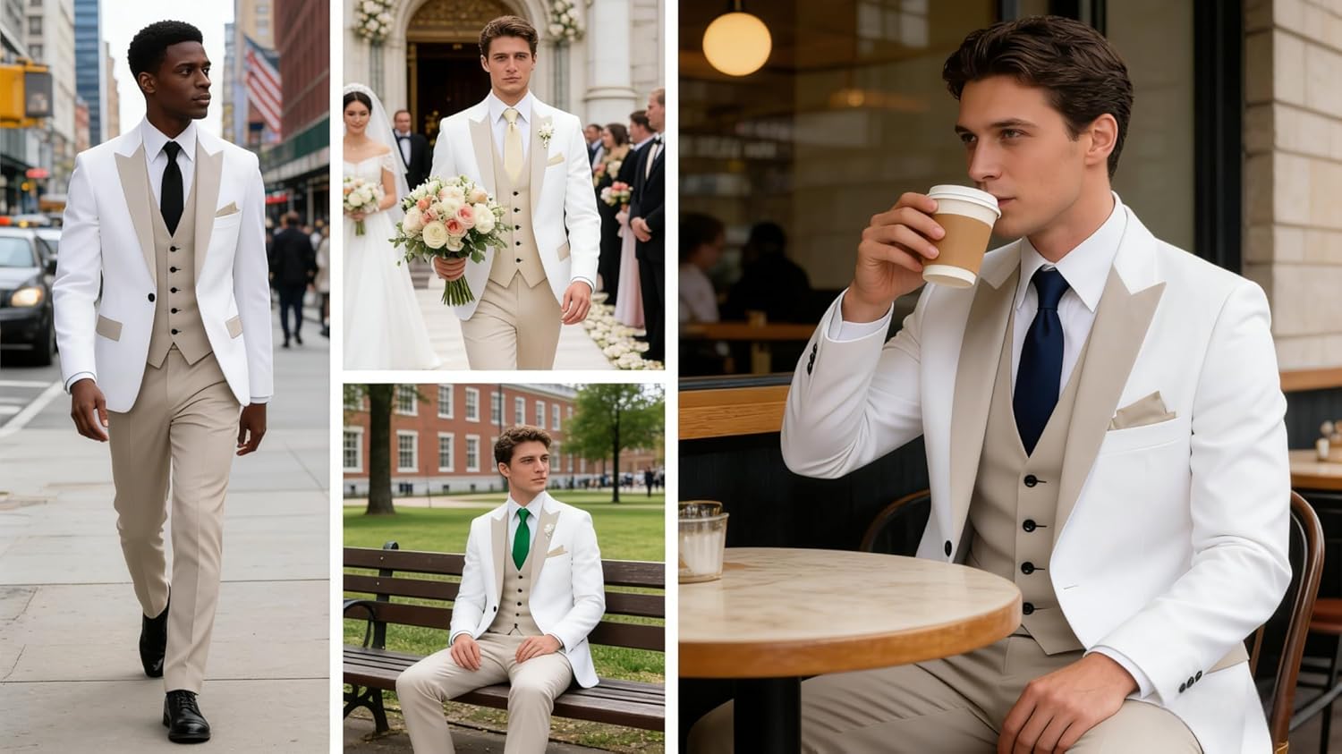 HUUTOE White Suit Men Slim Fit -Black Tuxedo Suit 3 Piece Jacket Pants Vest Set Mens-Man Business Regular Fit Suits