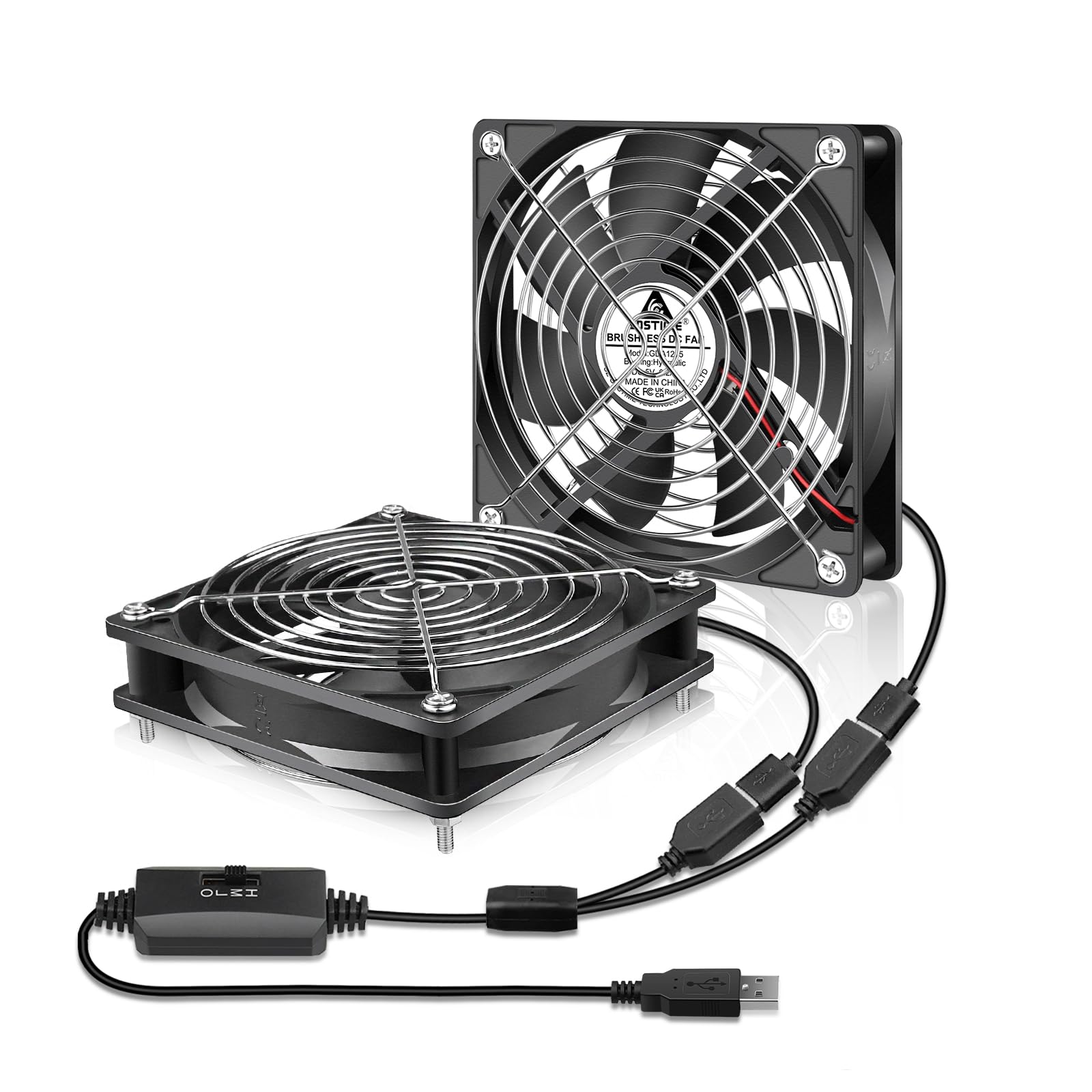 GDSTIME Lot de 2 Ventilateur PC 120mm USB Fan 5V 120x120x25 Réglable | ventilateur usb 120mm USB PC Fan 3 Vitesse Réglable pour Ordinateur Meuble Récepteur Routeur