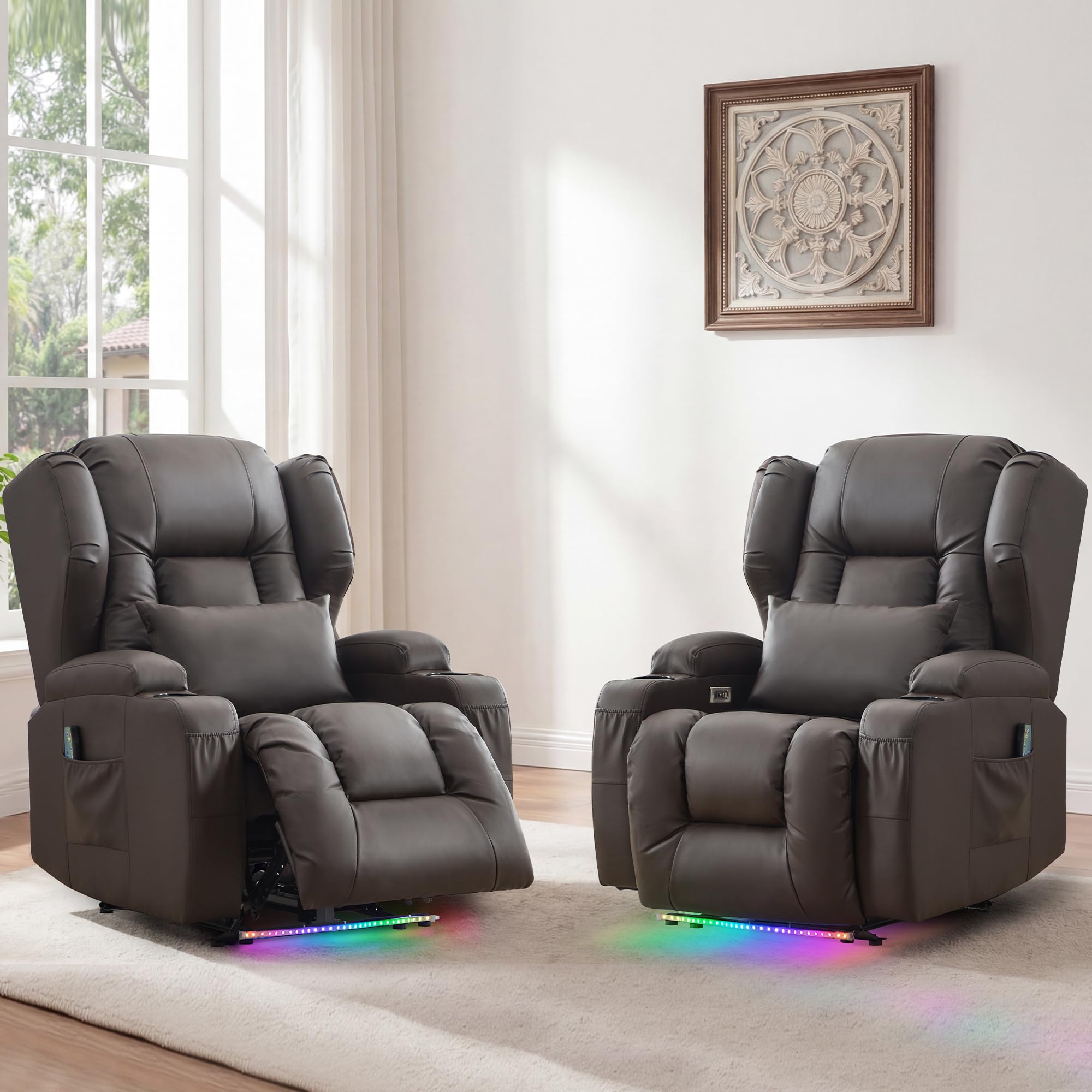 BINGTOO Power Recliner Chair with Massage &amp; Heat, Electric RV Wall Hugger PU Leather Chair for Living Room, Home Theater with LED Lights, USB-C Ports &amp; Cup Holders, Brown, 2 Chairs