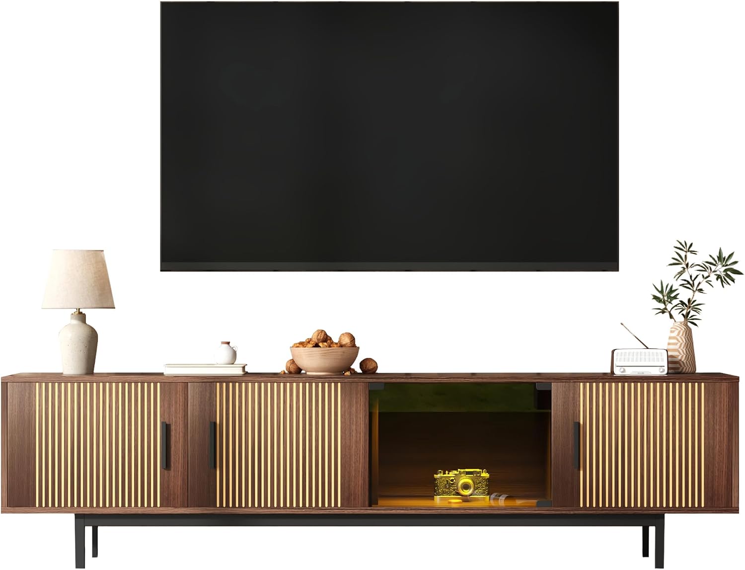 BTM TV Cabinet Low Board Carved Texture TV Cabinet with LED Light Bar and Tempered Glass Door