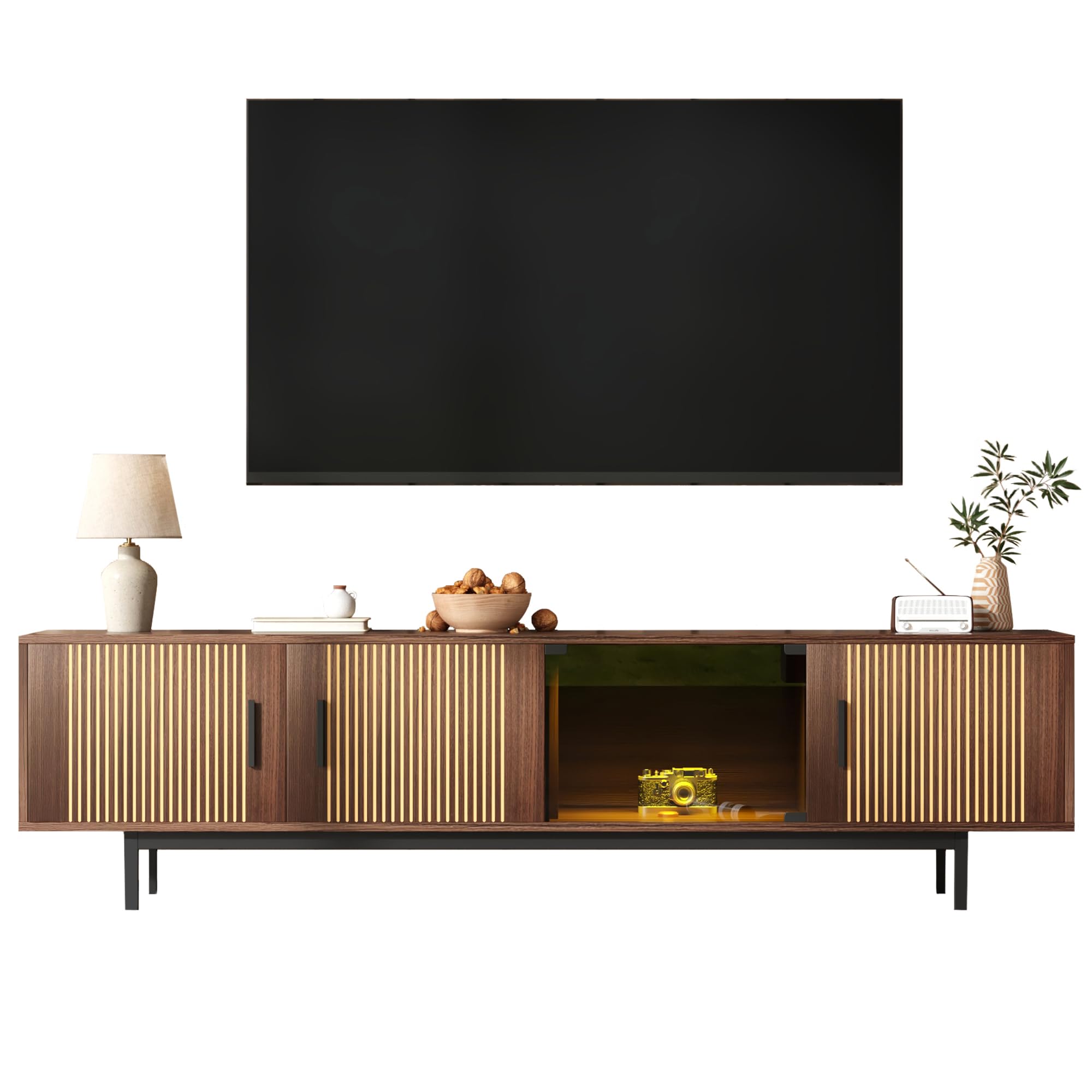 Mueble de TV 50 x 200 cm con textura tallada, puerta de vidrio templado nogal + negro
