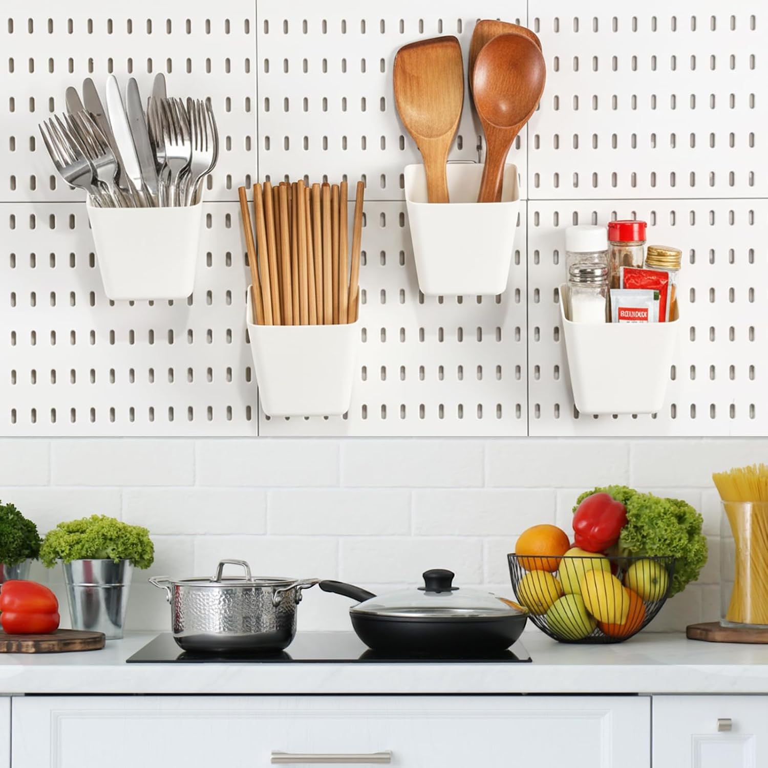 LemonRoad 6 Pcs Pegboard Cups Peg Board Storage Bin with Hooks for Craft Room Square Box Shape Pegboard Cup Holder Accessories for Garage Workbench Office Playroom Home Kitchen Organization