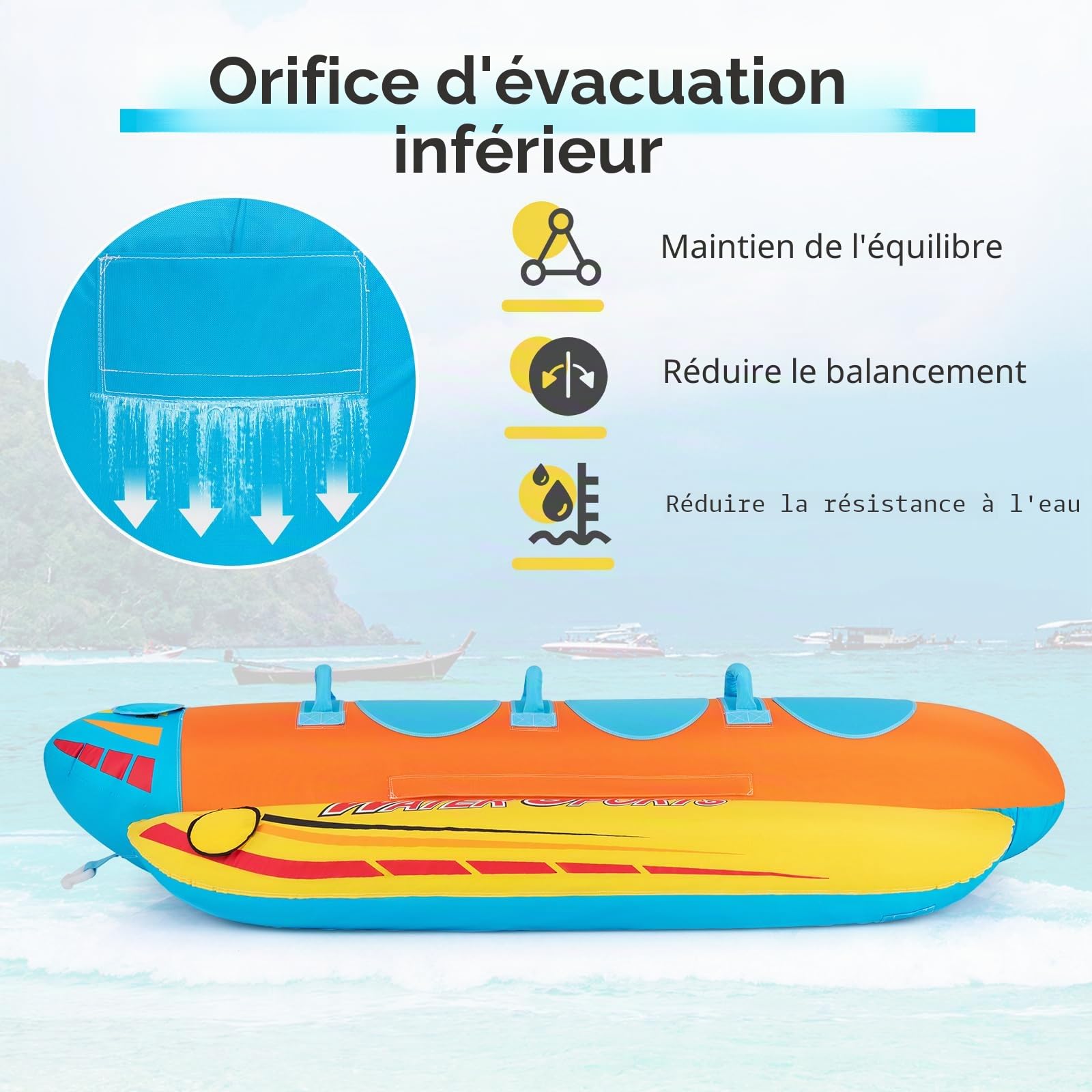 HOMASIS Bateau banane gonflable pour 3 personnes, avec 3 poignées et système de remorquage, sports nautiques Funtube jusqu'à 231 kg, 252 x 108 x 51 cm