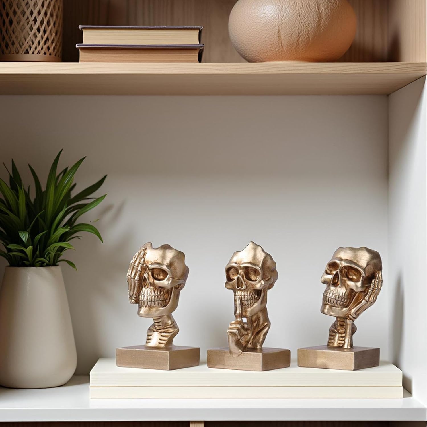 See Hear Speak No Evil Skeleton Figurines Set,Gothic Evil Skull Trio Statue,Vintage Skeletons for Halloween Decorations Indoor,Living Room Fireplace Floating Shelf Coffee Table Centerpiece Decor
