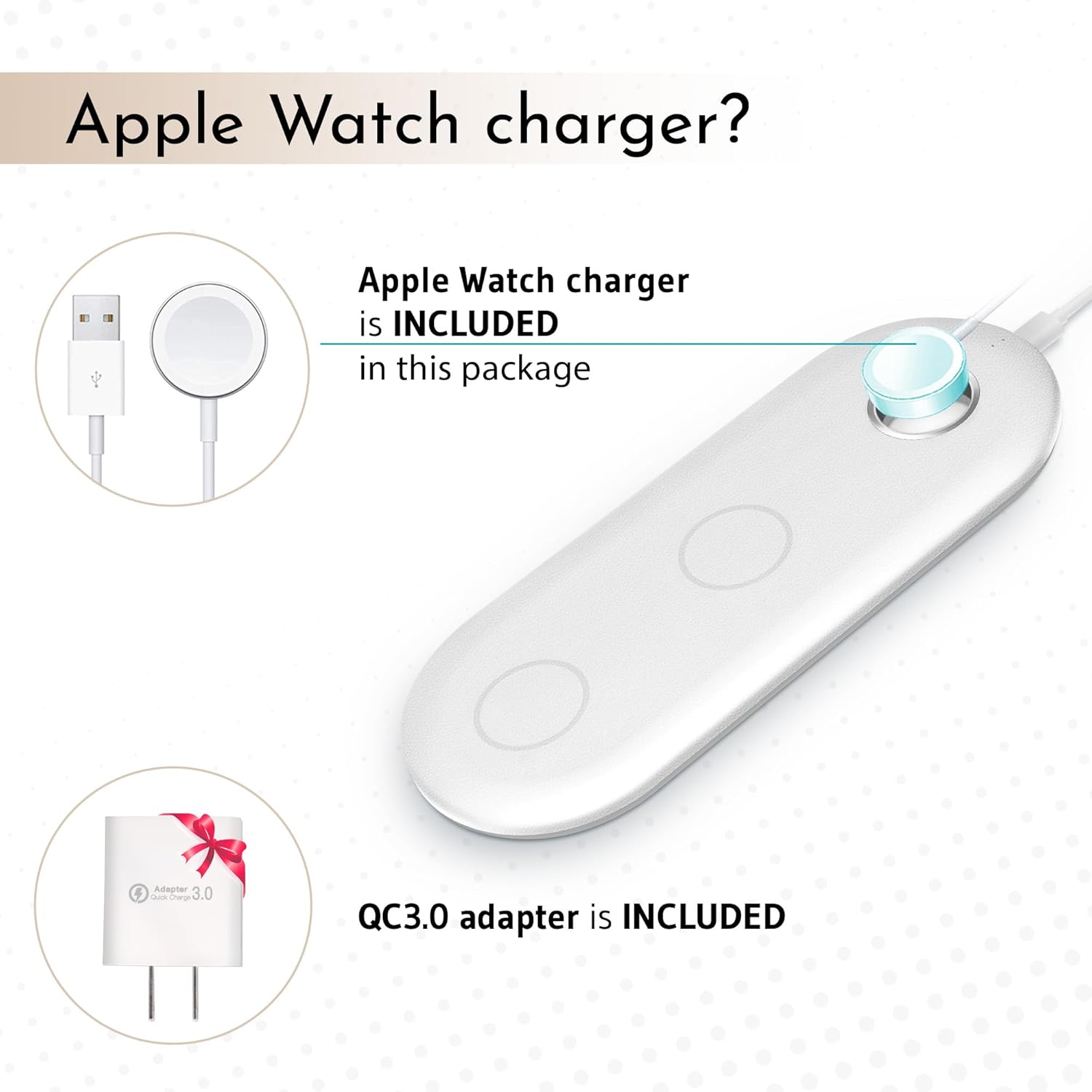 TECSO 3 in 1 Wireless Charging Pad for Apple Devices Such as Apple Watch, AirPods, and iPhone, for All Qi-Enabled Smartphones, Qi Certified, 25W Fast Charging pad, QC3.0 Adapter + Apple Watch Charger