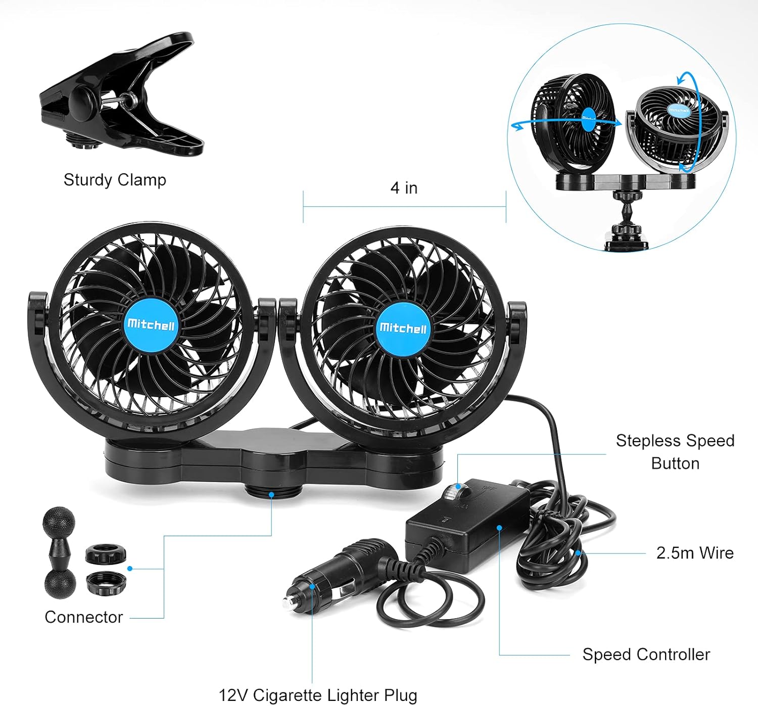 12V Car Clip Fans, Adjustable Dual Head Clip Fan 360° Rotatable Cooling Air Fan, 4'' Electric Auto Car Fans with Cigarette Lighter Plug for Vehicles, RV, SUV