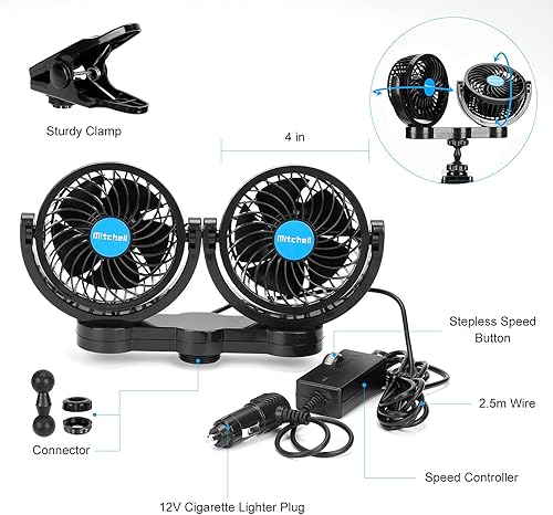 Miniatura 5 de Ventiladores de clip de coche de 12 V, ventilador de clip de doble cabeza ajustable Ventilador de aire giratorio de 360°, ventiladores eléctricos de