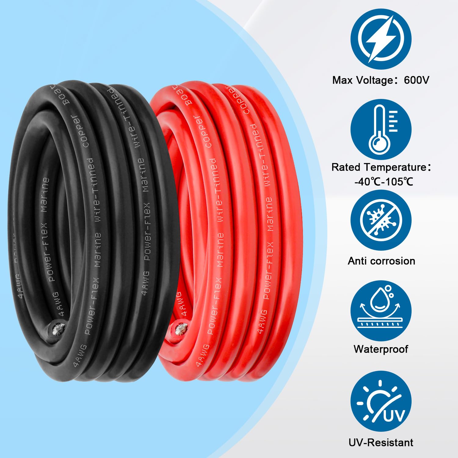 4 Gauge Marine Wire, 4 AWG Tinned Copper Electrical Wire, Boat Cable for Automotive, Solar, Car Audio, Trailer, Camper & Marine Wiring(4 AWG, 5FT Red + 5FT Black)