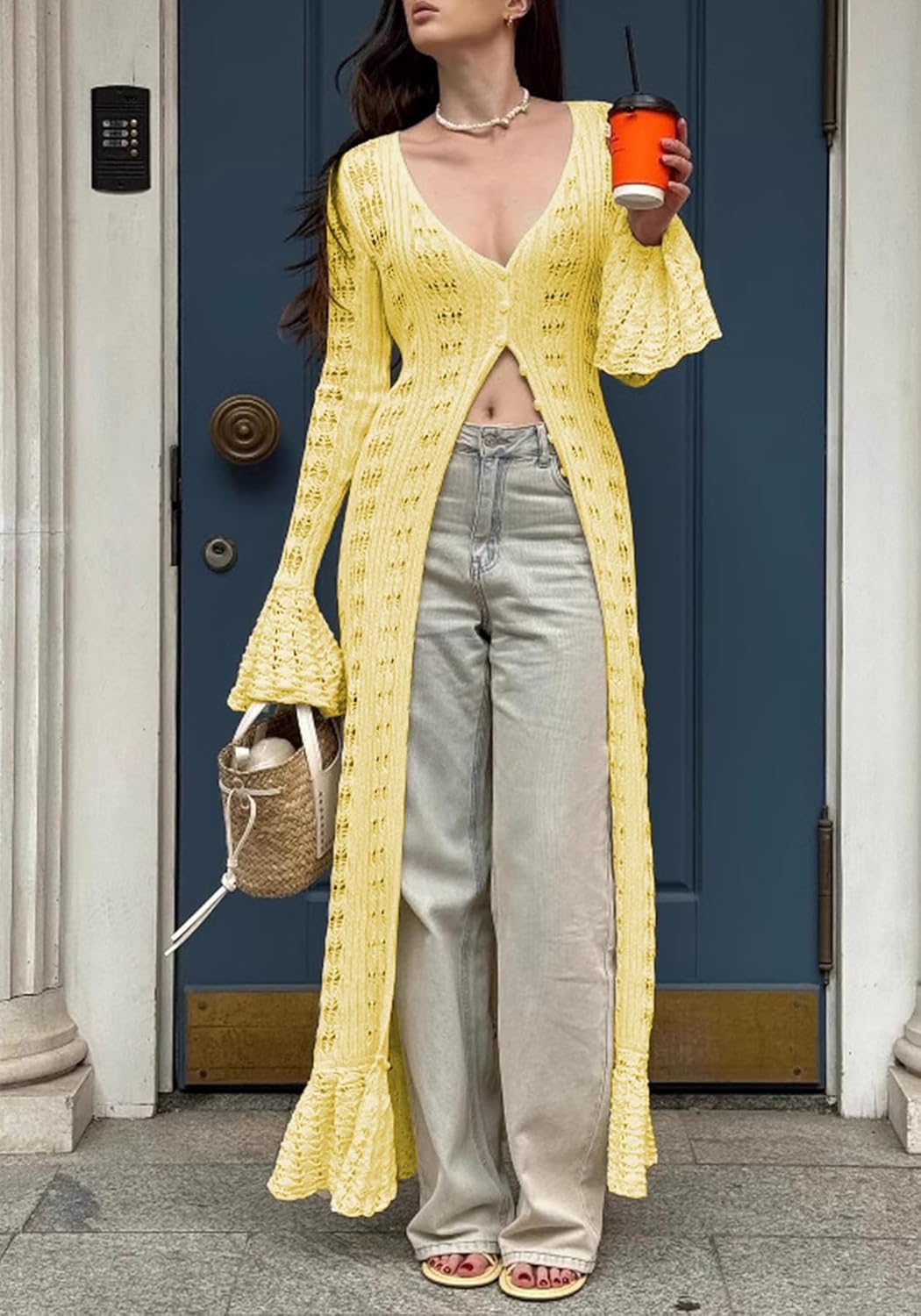 Famnbro Womens Crochet Long Cardigan Long Sleeve Duster Hollow Out Sweater Knit Dress Cover Up Vacation Outfits - Image 4