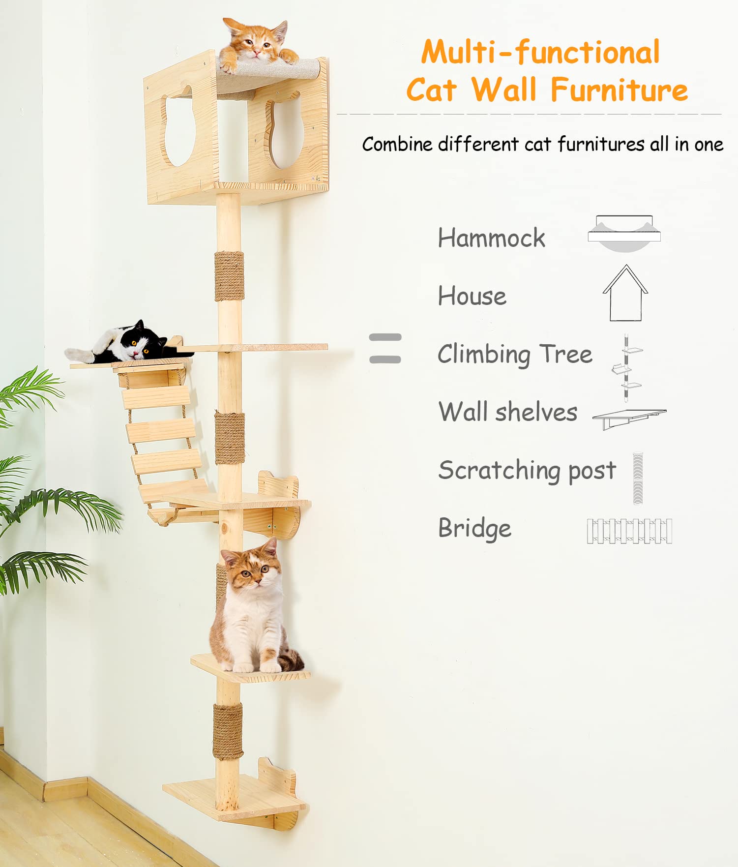 Cat Tree House Wall Mounted for Indoor Cats Climbing Shelves and