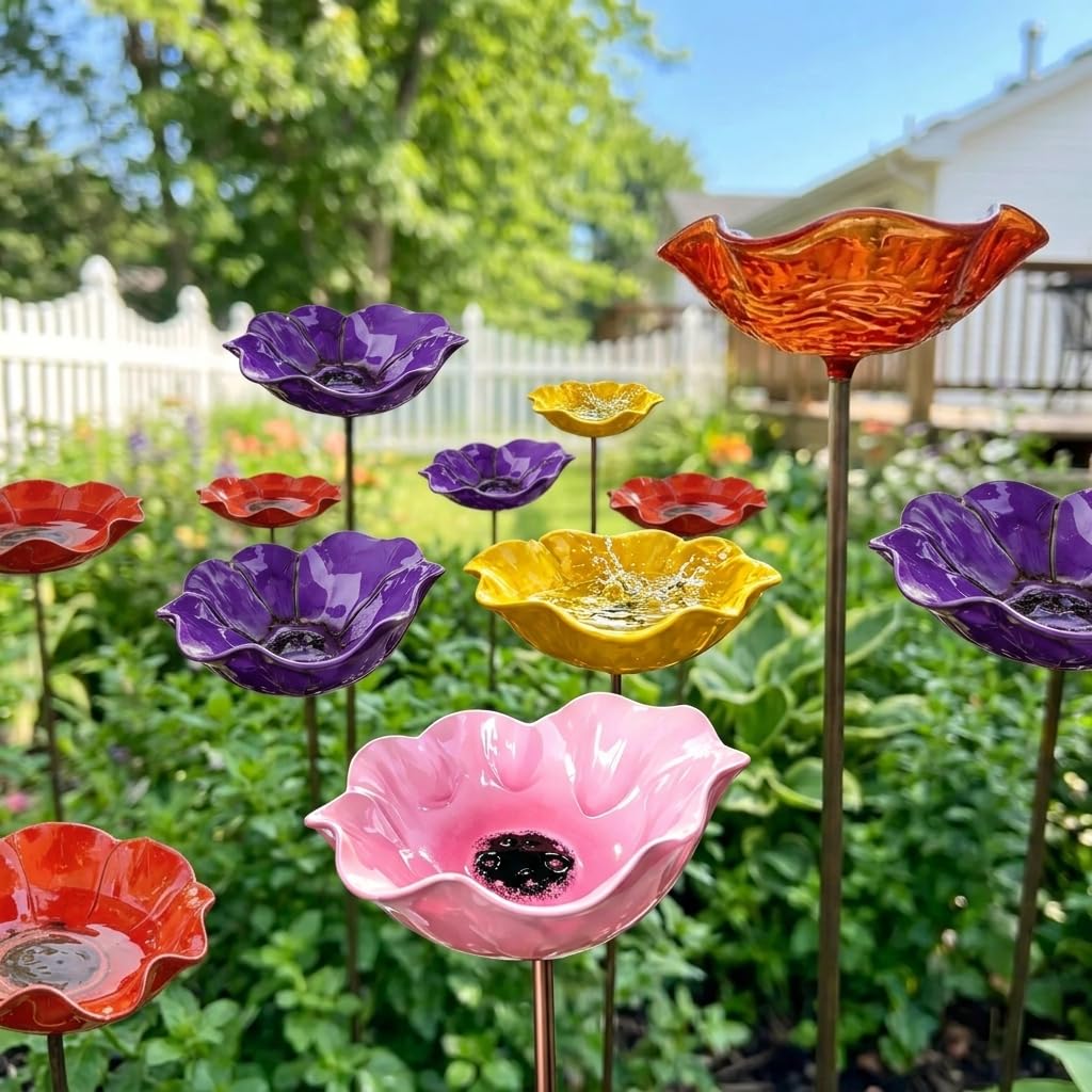 Vogeltränke Blume,Bienentränke für den garten,Insektentränke Gartenstecker aus Metall, Gartendekoration für Rasen, Balkon & Terrasse (Rot, lila, gelb)