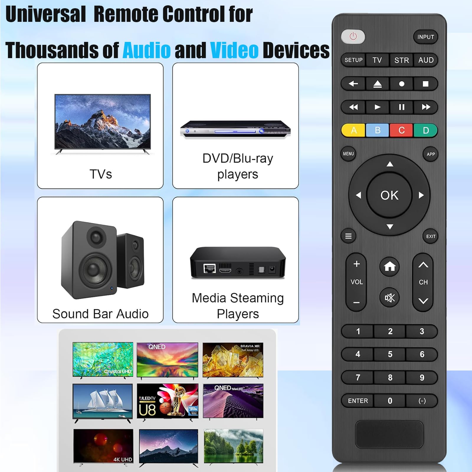 Télécommande universelle compatible avec Samsung/LG/Sony/Vizio/Hisense/T'CL/Insignia/Toshiba/JVC/Philips/Sanyo/Onn/Sharp/RCA/Element/Westinghouse/Emerson et lecteurs DVD/Blu-ray