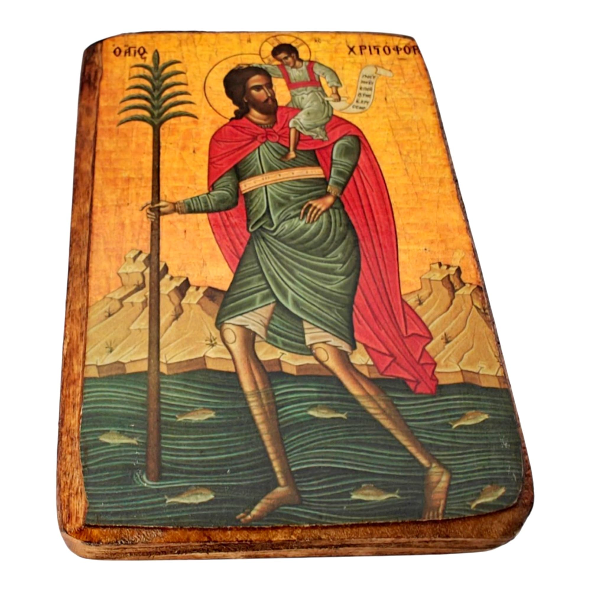 Icône grecque orthodoxe Saint-Christophe Christoforos faite à la main bois 9x7 cm art mural chrétien cadeau dévotion