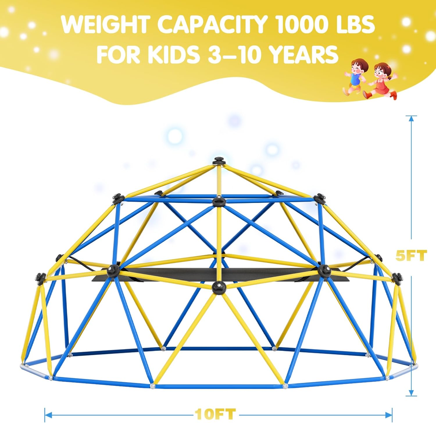 Climbing Dome,10FT Dome Climber with Hammock, Outdoor Play Equipment for 3 to 10 Children, Supports Jungle Gym up to 1,000 lbs, Rust Resistant, Easy to Assemble, Gift for Kids, Blue+Yellow