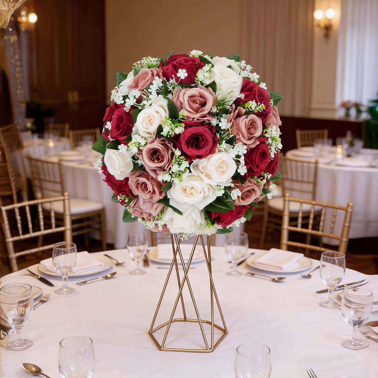 2 Pcs Roses Flower Balls for Centerpieces, Flower Ball 30 Heads Artificial Rose Arrangements Wedding Centerpiece Decor for Table Bridal Shower Home & Party Decoration（Red+Pink+White）